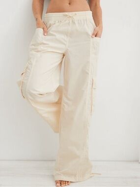 aerie XS Cream Wide-Leg Cargo Pants/Jogger Drawstring Waist Baggy Leg w/Pockets
